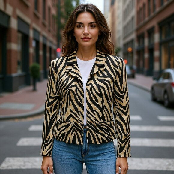 Paolo Santini Women Size 10 Silk Beige Black Tiger Print Zip Front Blazer Jacket - Picture 1 of 9